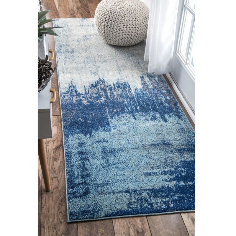 Tapis de couloir à motif abstrait pour le salon, la chambre à coucher, la salle à manger, le vestibule, le couloir ou la cuisine Gleno, bleu / ivoire