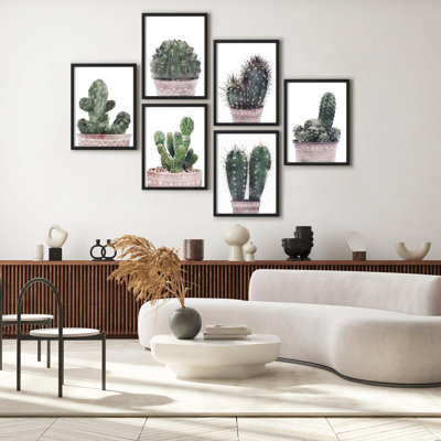 Framed Wall Art Collage Print Gallery Set, Watercolor Potted Cactus Succulent and Plant Lovers Illustrations Modern Decorative for Living Room, Bedroom, Office