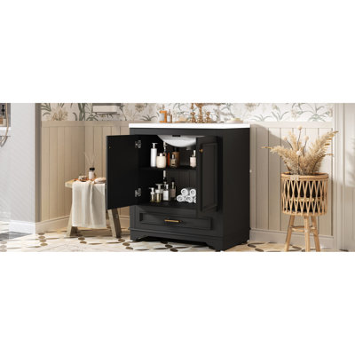 Meuble-lavabo de 30,5 po avec lavabo en céramique, tablette de rangement et portes à fermeture en douceur - charme rétro, fonctionnement silencieux, lavabo compact de 30 po, conception élégante réglable, rails coulissants lisses, idéal