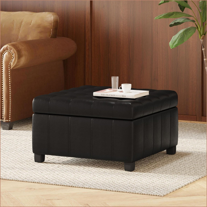 Repose-pieds avec rangement, capitonnage en similicuir | Noir | Bois massif et bois manufacturé
