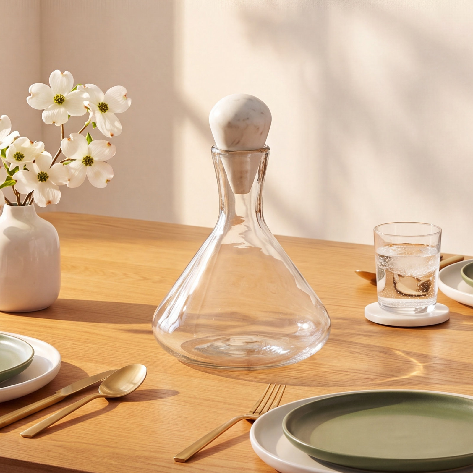 Hand-Blown Glass Decanter with Marble Stopper