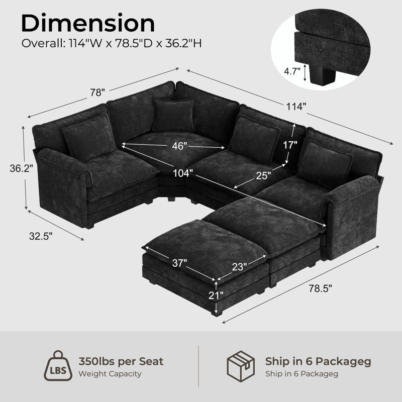 6-Piece 114" U Shaped Upholstered Corner Modular Sectional Sofa Cloud Couch With Ottomans - Chenille Fabric, Black Chenille