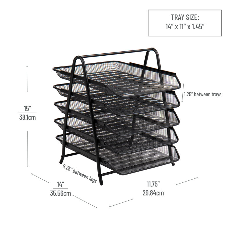 Mind Reader 5-Tier Paper Tray, Desktop Organizer, File Storage, Workspace, Office, Metal Mesh, 11.75"L x 14"W x 15"H, Black