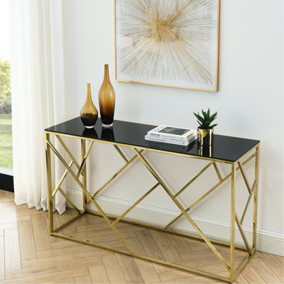 Console de 55 po avec structure en métal doré et verre trempé noir pour le salon