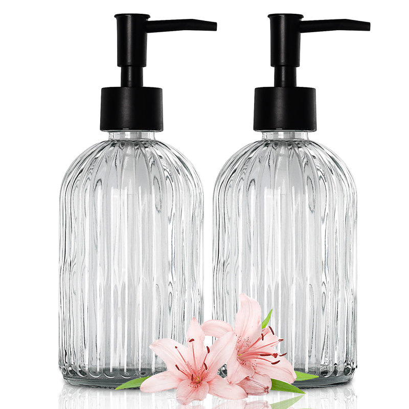 Ensemble de 2 distributeurs de savon en verre avec pompe, distributeurs de savon rechargeables 13,5 oz avec rayures verticales pour le lavage à la main et le lavage de la vaisselle, distributeur de savon de salle de bain élégant pour liquide vaisselle, lotion