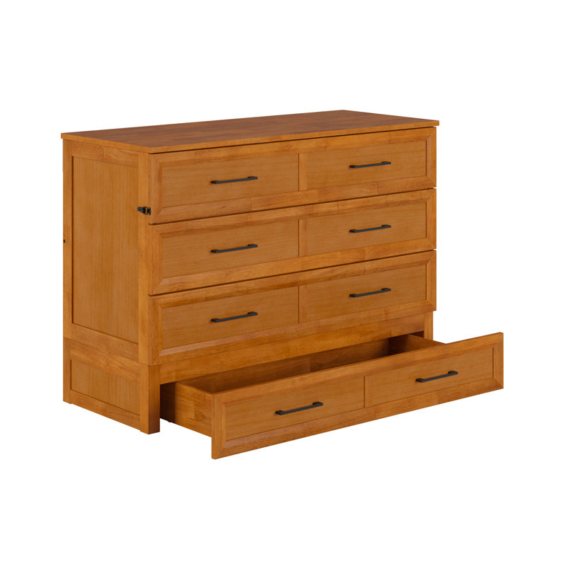 Commode lit escamotable en bois Sedona avec tiroir de rangement et charge intégrée, Double, Caramel clair