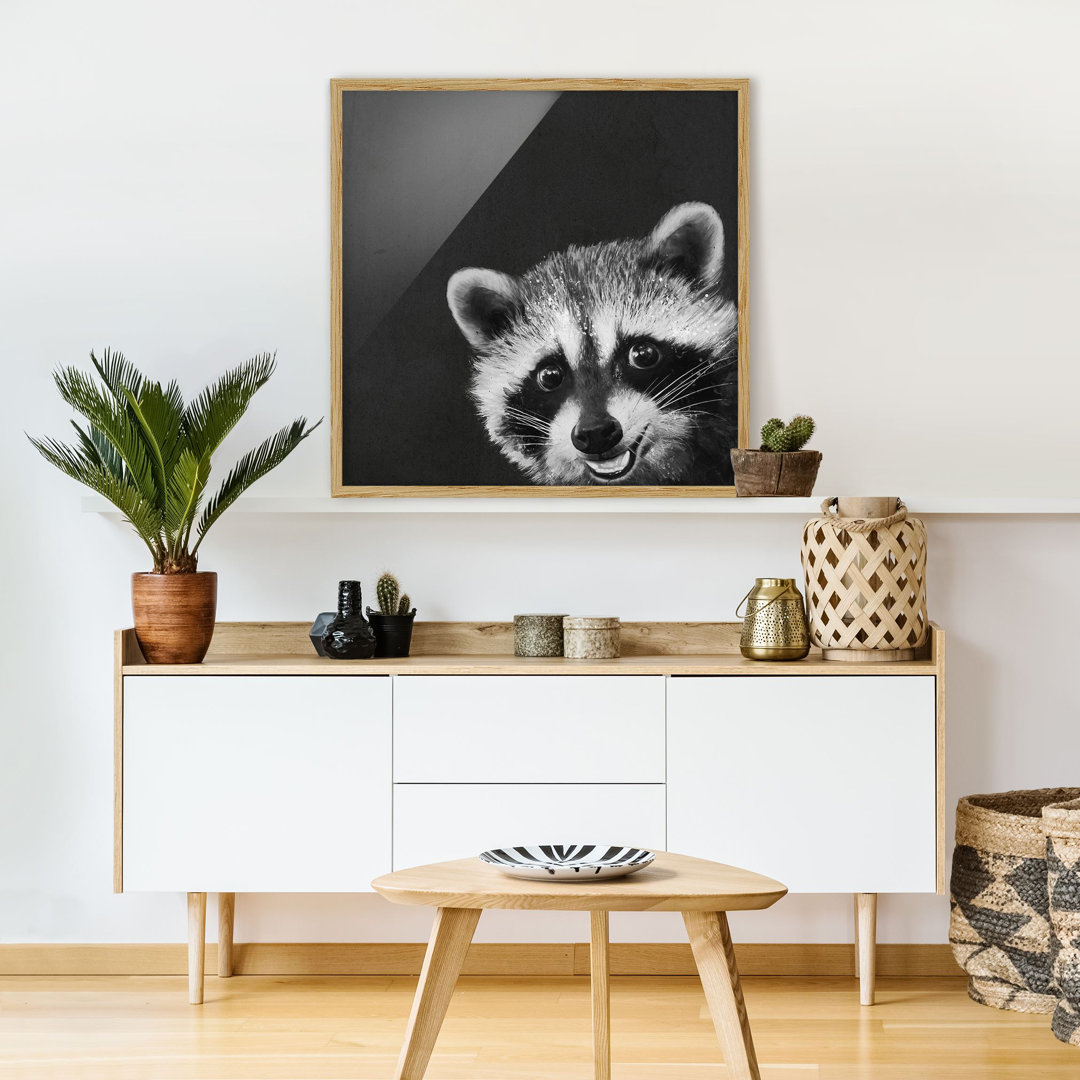 Gerahmter Fotodruck Illustration Waschbär Schwarz Weiß