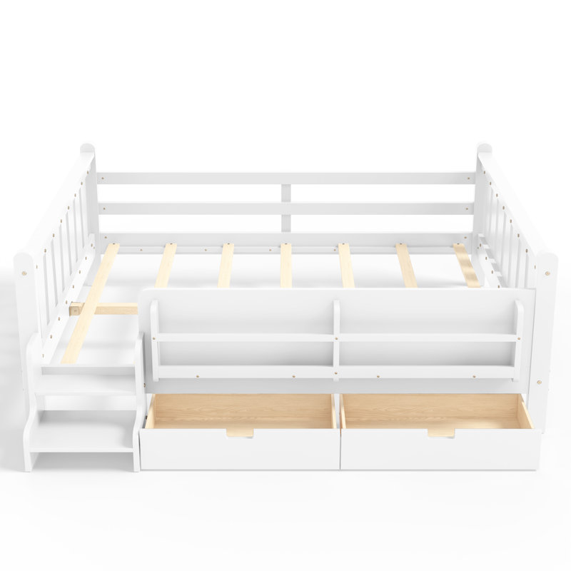Grand lit au sol avec bibliothèques et tiroirs de rangement, lit en bois massif pour enfants avec de jolis escaliers et garde-corps, aucun sommier nécessaire, blanc