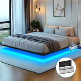 Floating Bed Frame With Side Pocket, Led Floating Bed Frame With Charing Station & 4 Mattress Slide Stopper,