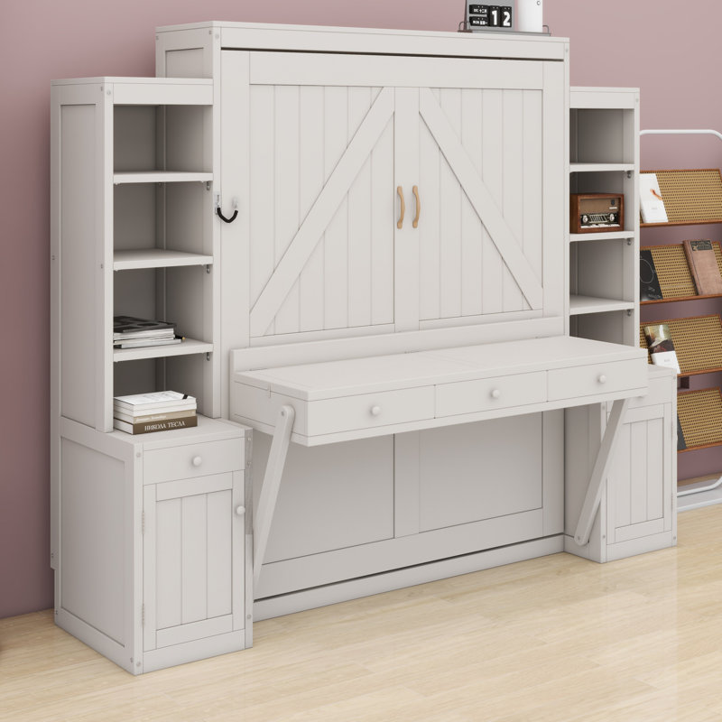 Lit escamotable mural peu encombrant pour la maison, avec bureau et tiroirs de rangement, Blanc antique