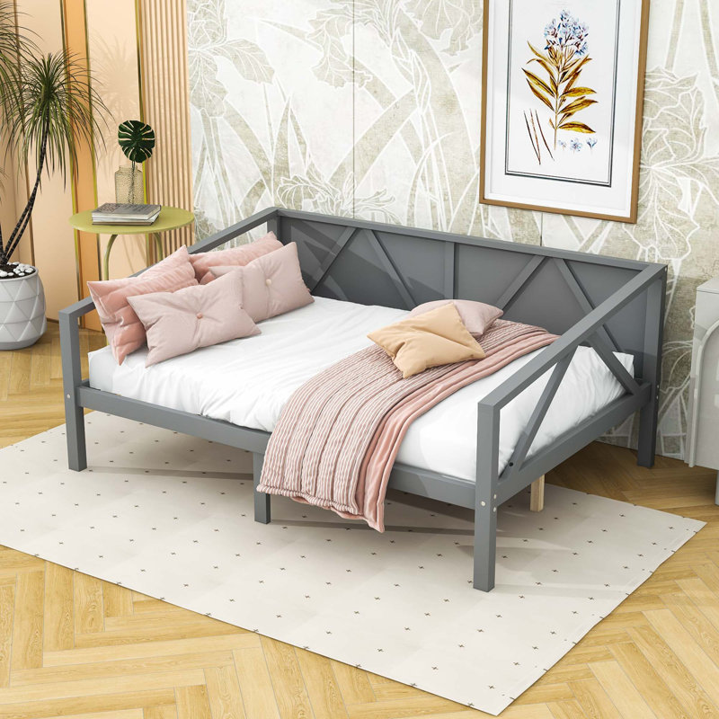 Lit de jour en bois au design élégant et espace de rangement supplémentaire, Gris, Complet/Double