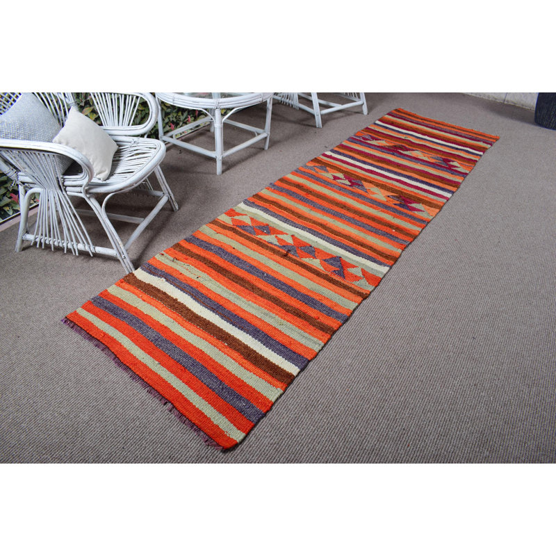 Tapis de couloir kilim turc orange authentique - tapis de couloir anatolien à rayures rétro