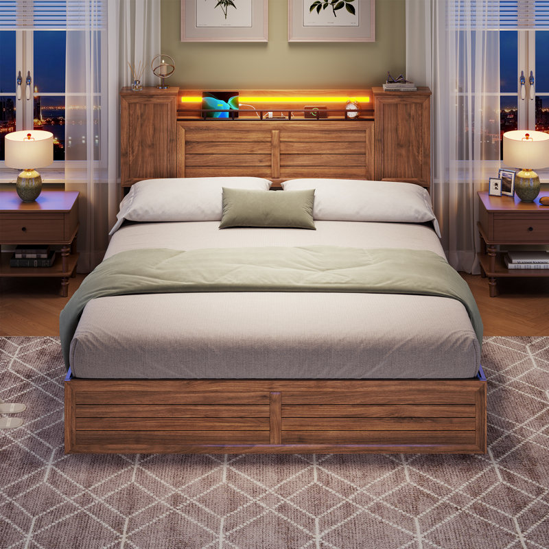 Farmhouse Bed Frame With Double Barn Door Storage Headboard Rustic Wooden Bed With 4 Drawers And Led Lights, Brown