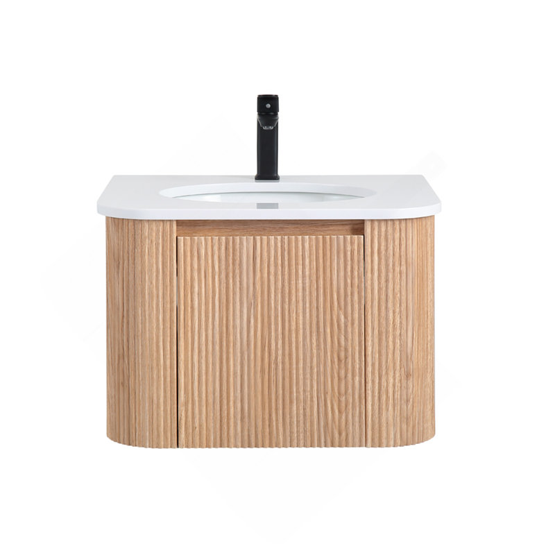 Meuble-lavabo mural de 24 po avec lavabo au design incurvé, finition en bois à texture ondulée, marbre de culture intégré