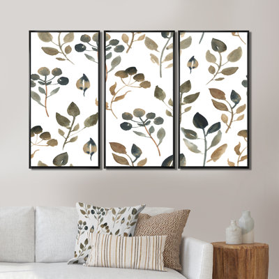 «Simple Brown Leaves On White», ensemble de 3 reproductions d'art encadrées sur toile