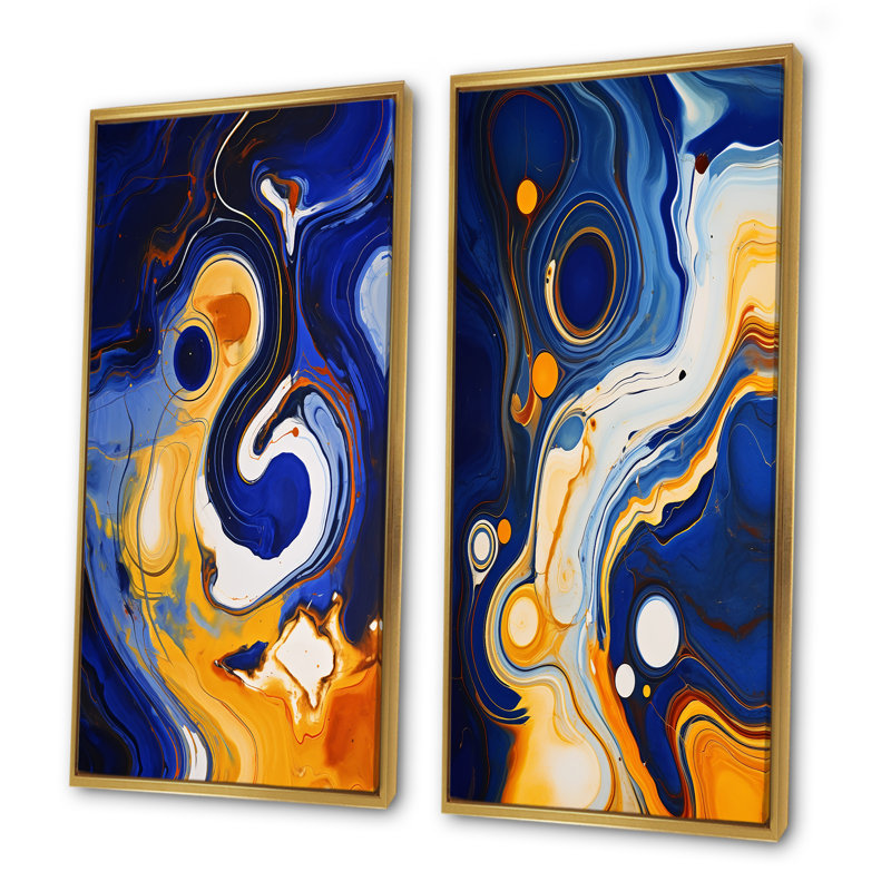 Encre liquide jaune et bleue, rivière I - ensemble de 2 impressions sur toile à encre liquide abstraite, Cadre flottant doré