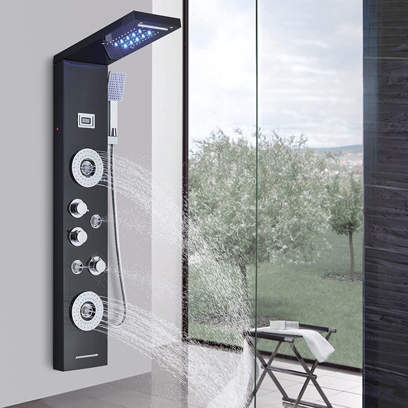 Stainless Black LED Shower Panel Tower System Rain&Waterfall Massage Jet Tub Tap