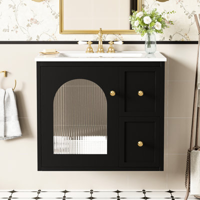 Meuble-lavabo mural avec mesures de 24 po, lavabo en céramique, tiroirs de rangement, esthétique moderne, surface imperméable, compatibilité du robinet, poignée élégante pour les salles de bain à espace limité, design,