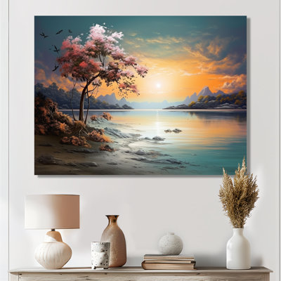 Fleur de cerisier au coucher du soleil sur le lac - salon d'art mural plage et océan