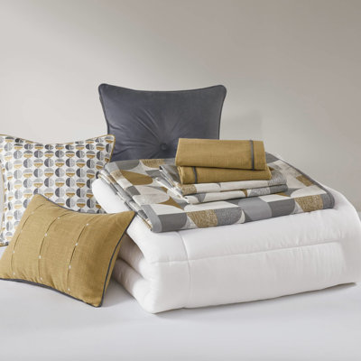 Gold 8 Pcs Queen Oversized Duvet Comforter Featuring Mid - Century Scandinavian Pattern, Cotton Pillows And 300gsm Fill All Season Warmth