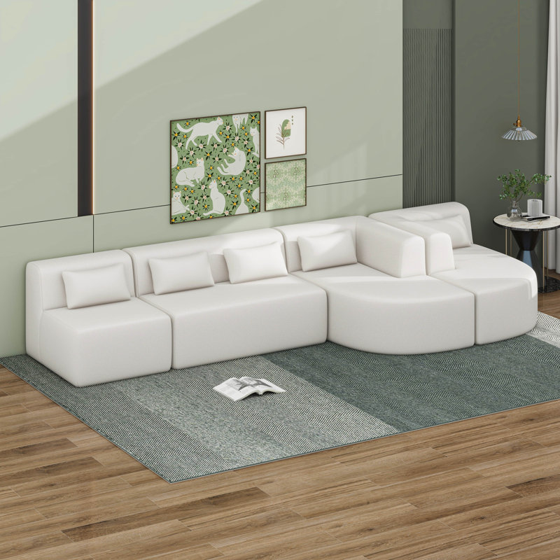Upholstered Sofa Free-Combined Sofa Couch With Two Chaise Lounge And Five Back Pillows, Beige