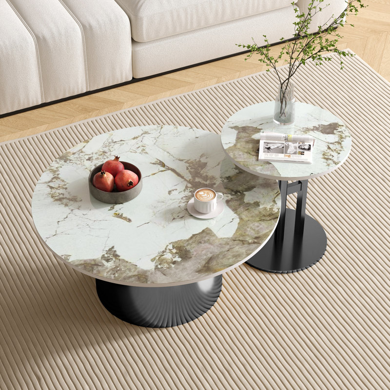 Ensemble de table basse 2 pièces, table basse ronde moderne avec base en acier inoxydable, Noir