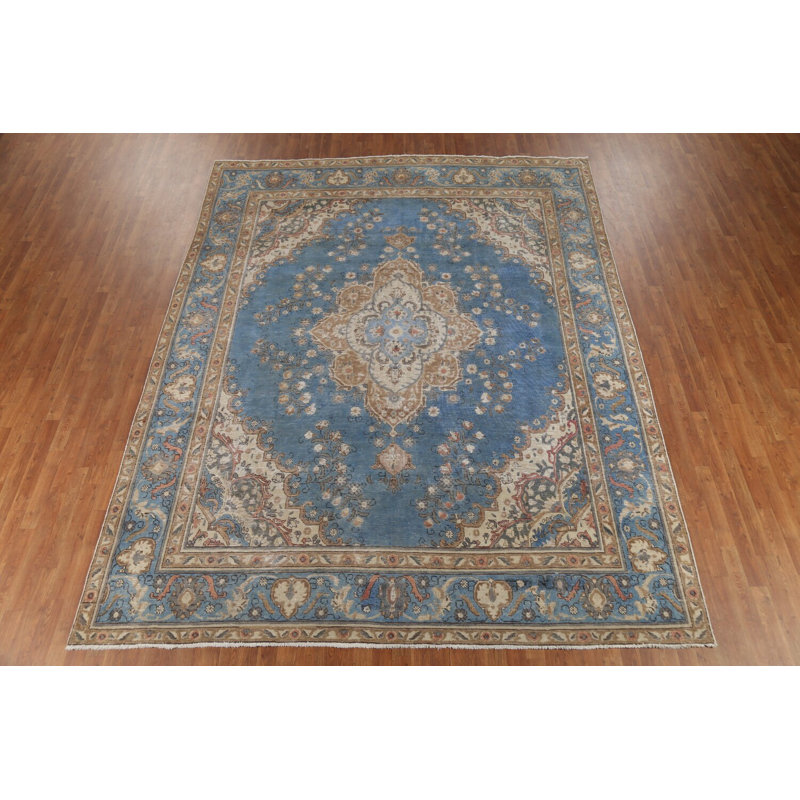 Tapis traditionnel floral fait à la main bleu 9 x 12