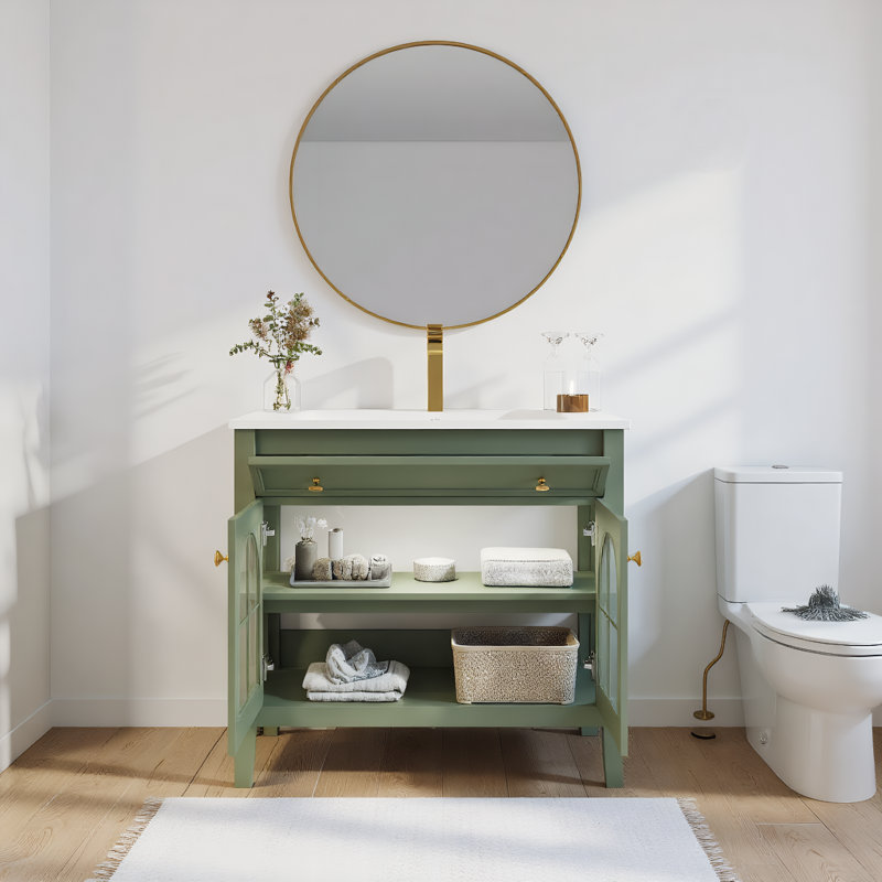 35.6"Mid-Century Freestanding Bathroom Vanity with Patterned Glass Sink, Motion-Sensor Light Strip & Storage Cabinet, Green