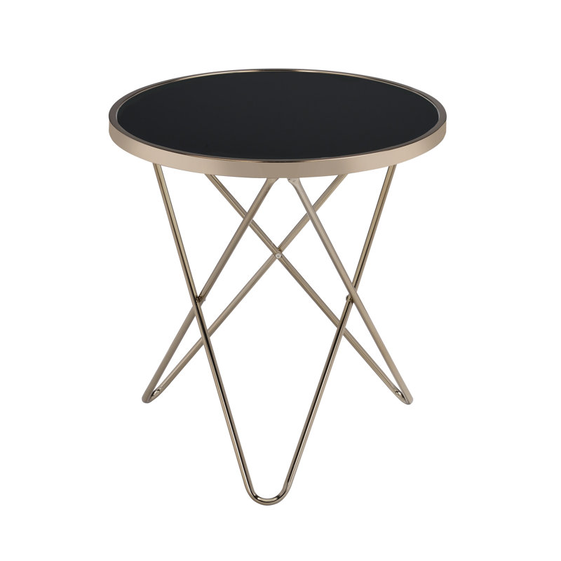 Table ronde en verre noir et finition champagne avec base en «V» superposée, verre de 5 mm, profondeur de 22 pouces de hauteur, capacité de 40 lb
