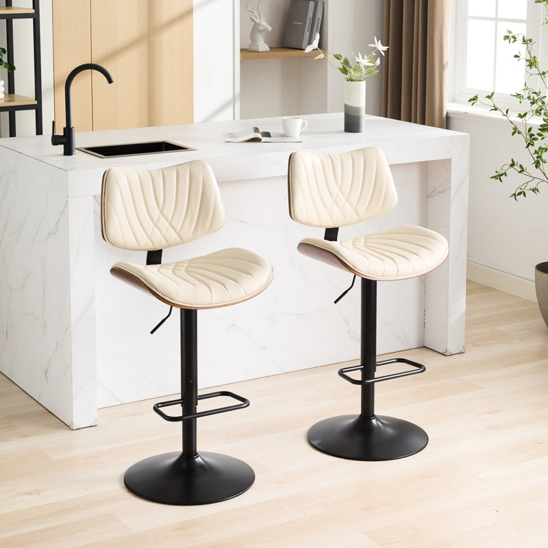 Tabourets de bar pivotants beiges à 360 °, dossier et siège en noyer, hauteur réglable, construction, pour cuisine / salle à manger / café, de 2 chaises, fonction, revêtement en similicuir, salle à manger / cuisine / café