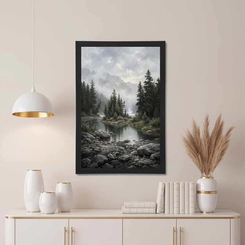 Art mural sur toile Misty Mountain River avec des pins et un ciel gris, 30"H x 20"W