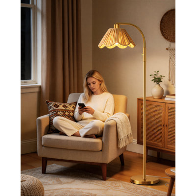 Lampe sur pied 63 po dorée pour le salon, lampe sur pied moderne avec abat-jour en raphia, interrupteur rotatif à intensité variable pour le bureau de la chambre à coucher, décoration boho