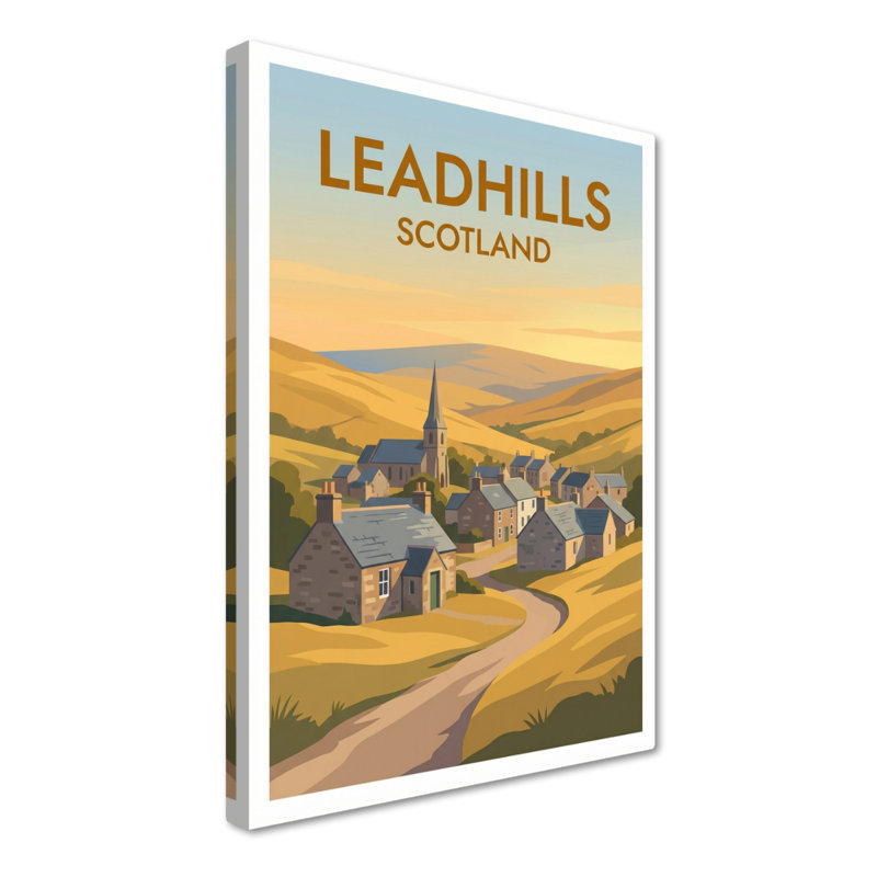 Leadhills, Scotland - Romantic Lowther Hills Travel Poster, Golden Village At Dawn. Giclee Print On Wrapped Canvas. Wall Art, Home Decor - Cities & Towns, Scotland - Wrapped Canvas Print