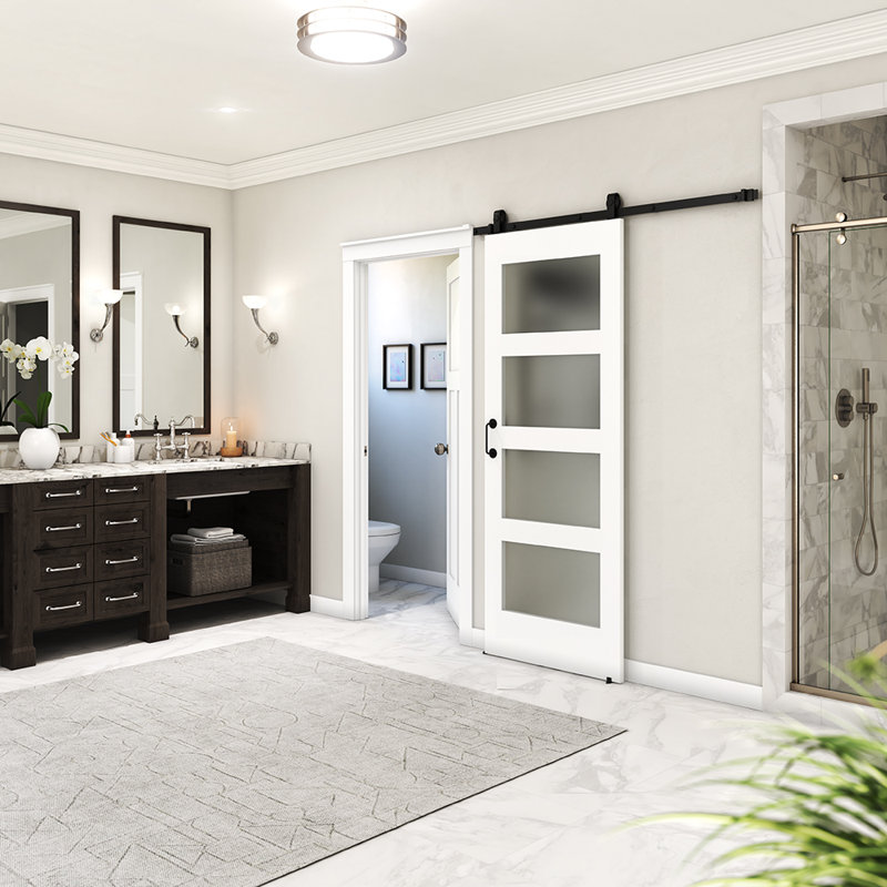 White Primed Pine Wood Frosted Glass Barn Door Slab