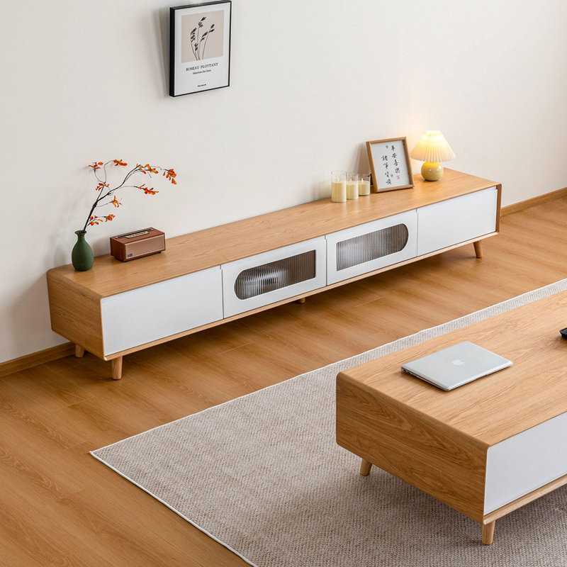 Meuble télé de style nordique, Blanc / bois noueux, 16.9" H x 118.1" L x 15.7" W