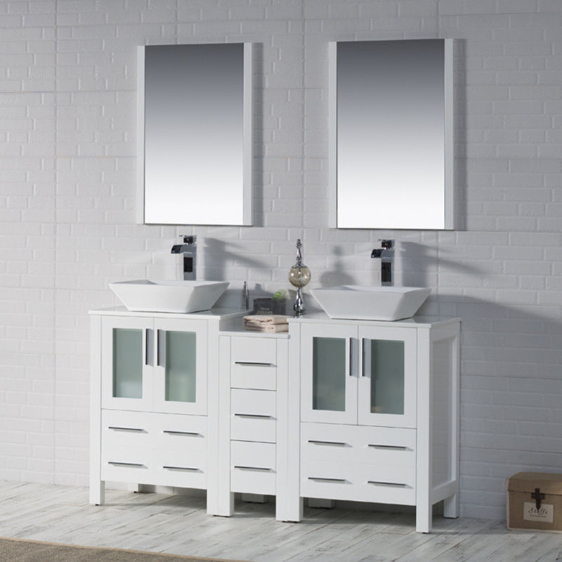 Ensemble de meuble-lavabo double 60 "avec miroir Mance, Blanc lustré