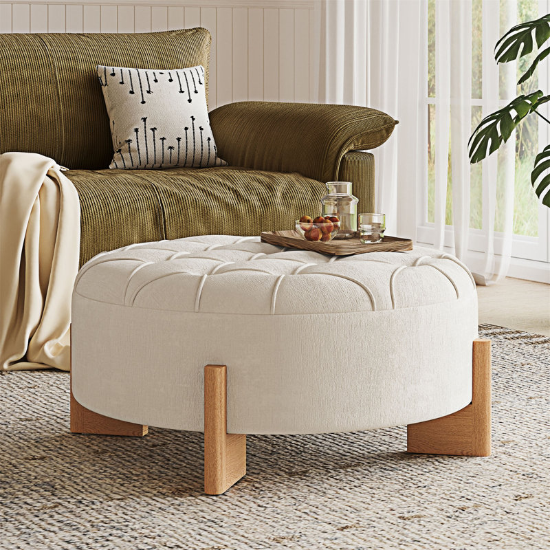Table basse ronde avec repose-pieds capitonné, Beige / Naturel