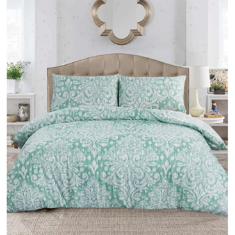 Cotton No Pattern Duvet Cover with Pillowcases Included, King Duvet Cover + 2 Standard Pillowcases, Green Damask
