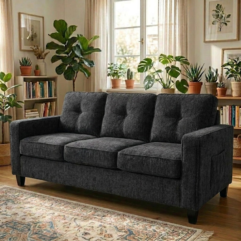 Canapé en chenille de 77,2 po de largeur, Polyester noir