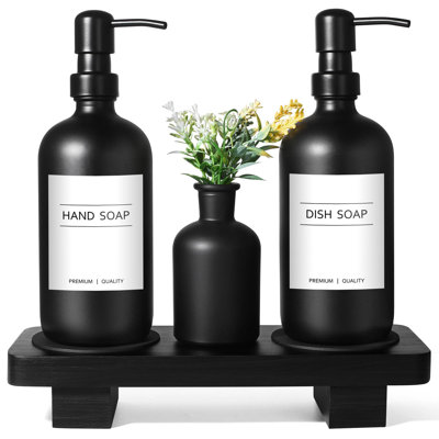 Distributeur de savon à vaisselle pour la cuisine, distributeur de savon à main noir avec pompe en acier inoxydable, ensemble de distributeur de savon de cuisine avec plateau en bois, ensemble de distributeur de savon de salle de bain noir mat