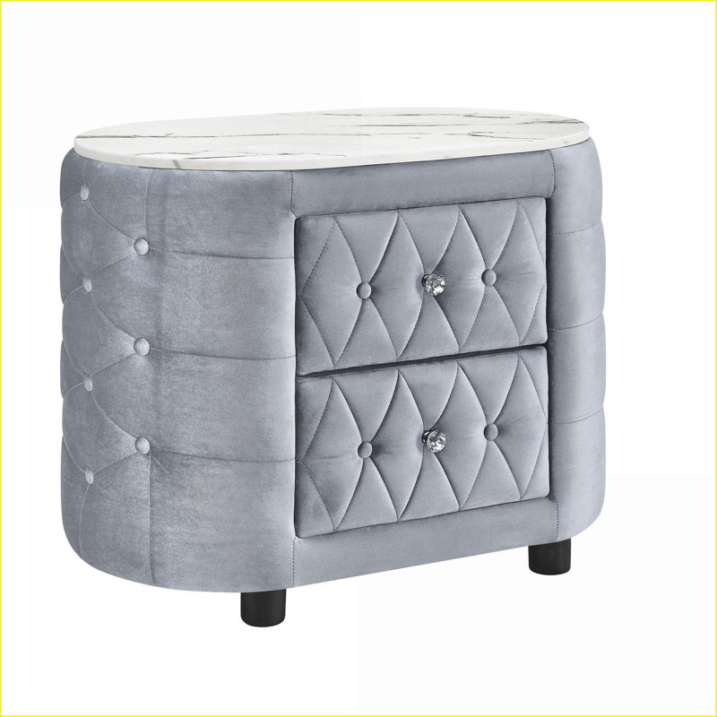 Table de chevet moderne avec plateau en faux marbre et 2 tiroirs - Revêtement en tissu, Gris