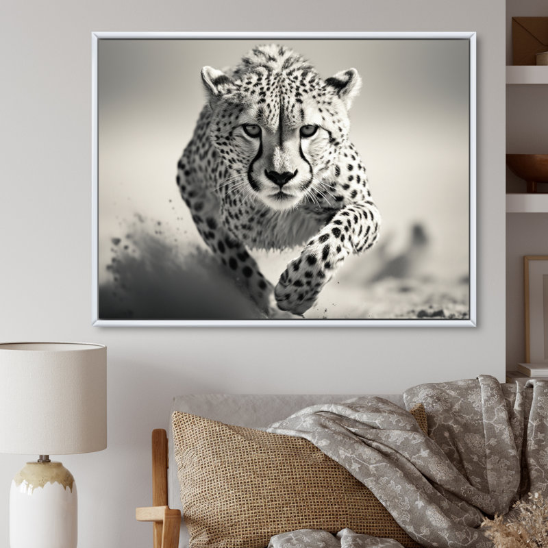 «Afrique Cheetahs Speed», reproduction d'art sur toile, H 24 po x l 32 po x P 1 po, Cadre flottant blanc