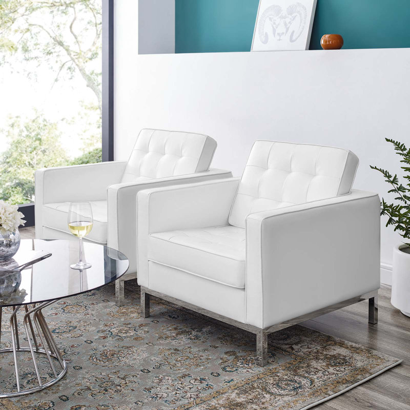 Loft Tufted Vegan Leather Armchairs -, White Faux Leather