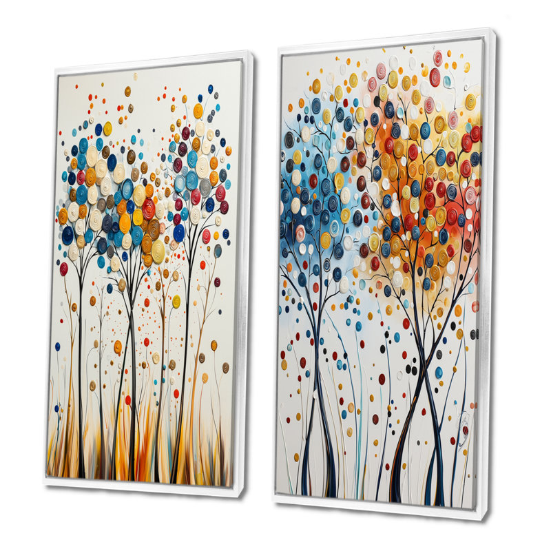 Ensemble de 4 pièces d'art mural orange et bleu 4 saisons Reflections I - abstrait Mid-Century, H 28 po x l 24 po