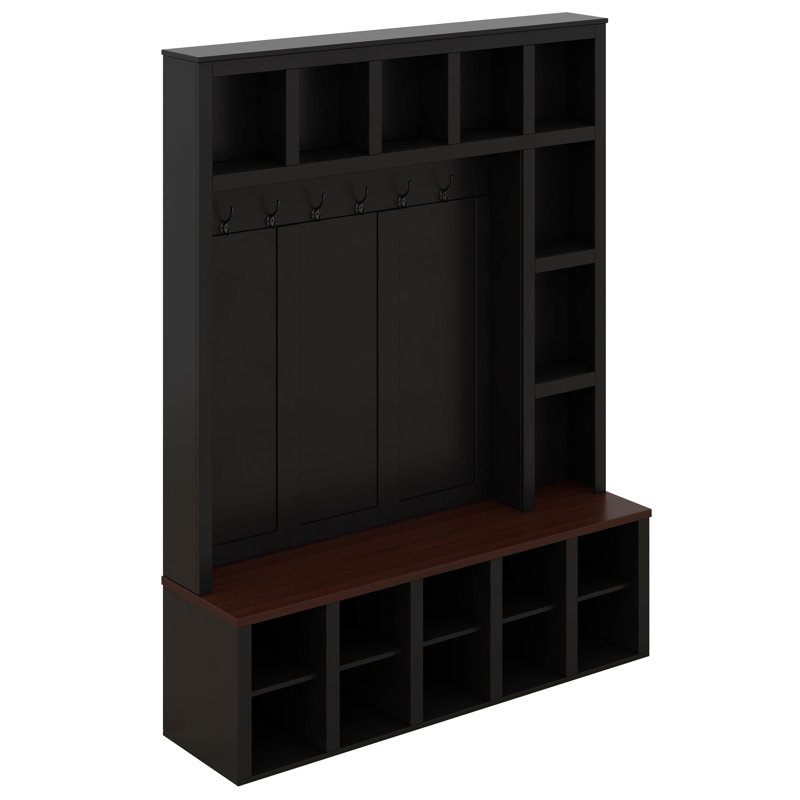 Farmhouse Entryway Bench With Coat Rack, Hall Tree With 6 Hooks, Walnut Storage Bench With Adjustable Shelves, 13 Cubbies