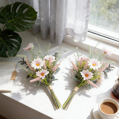 ensemble de 2 bouquet de marguerites et d'eucalyptus artificiels roses - 14 po Tiges de fleurs sauvages en soie réalistes, décor de table de ferme pour la Saint-Valentin, Pâques, les mariages et les centres de table
