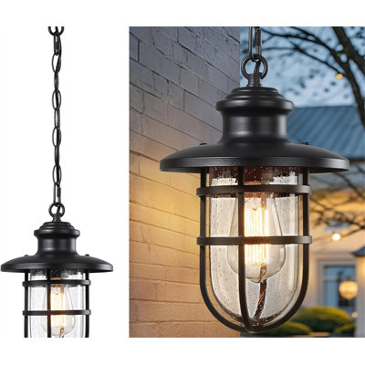 Luminaire suspendu d'extérieur avec verre ensemencé, lanterne suspendue noire pour l'entrée de la véranda, plafonnier extérieur résistant aux intempéries, chaîne réglable, douille E26