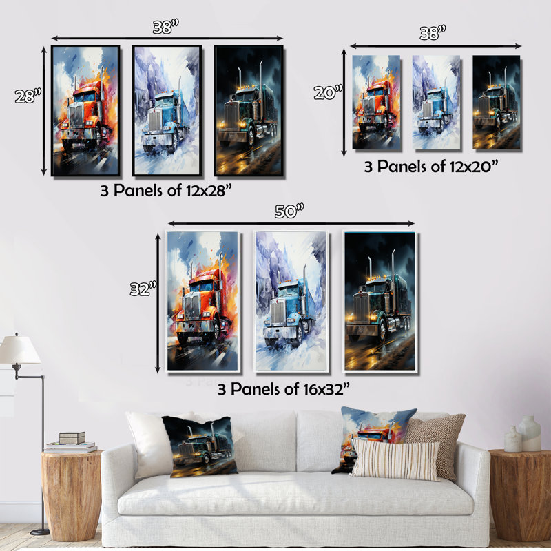 «Semi Truck Midnight Cruiser», 3 pièces sur toile, Cadre blanc, H 28 po x l 36 po