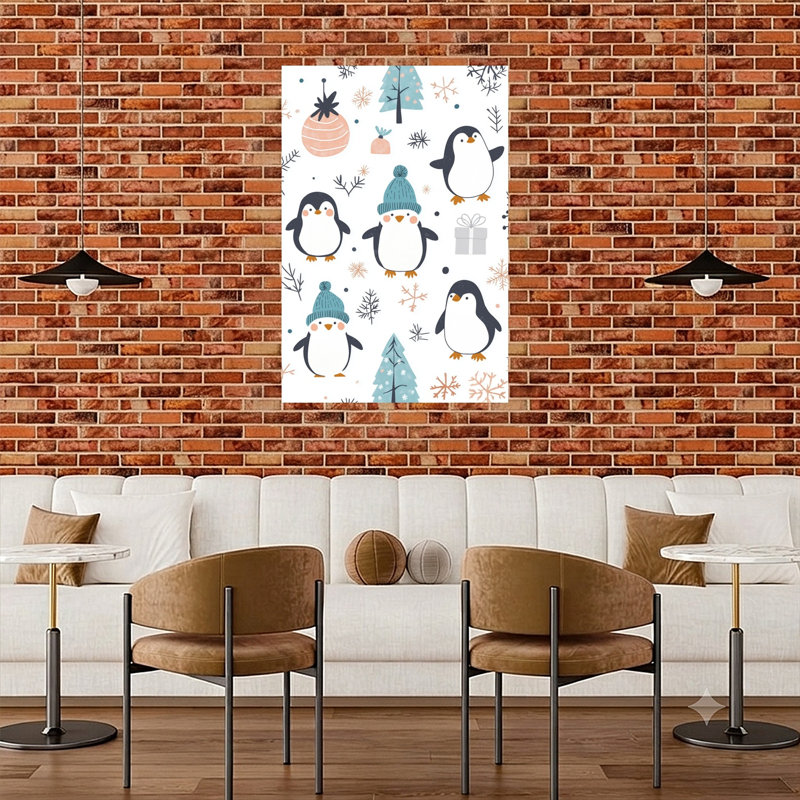 Cute Winter Penguins Playful Abstract Contemporary Penguin Winter Landscape Wall Art Print 1 Piece Wrapped Canvas Wall Art