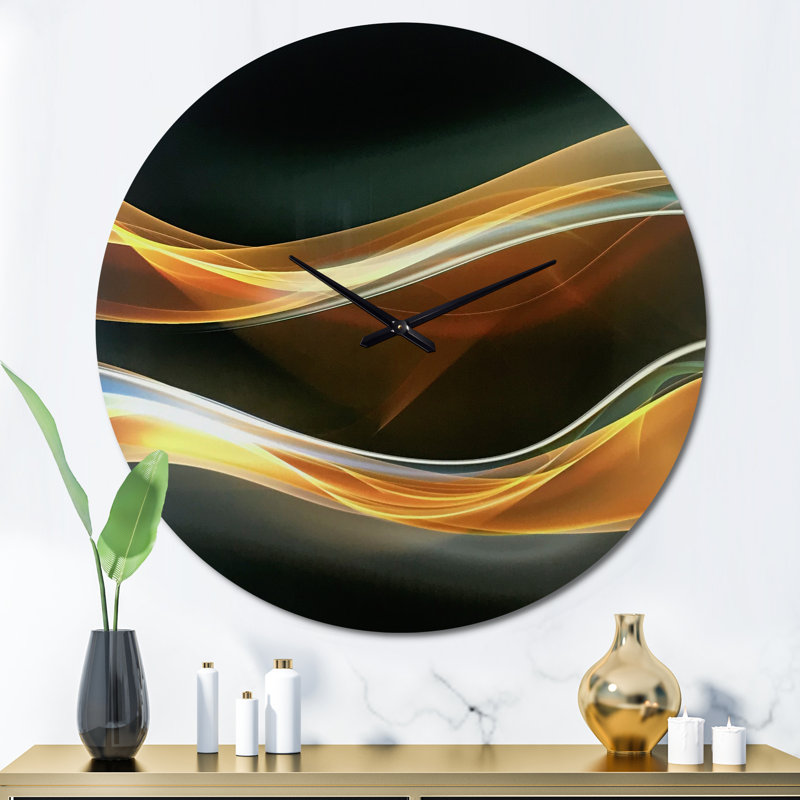 3D Wave Design - Horloge murale moderne, Surdimensionné, Gris, doré et brun